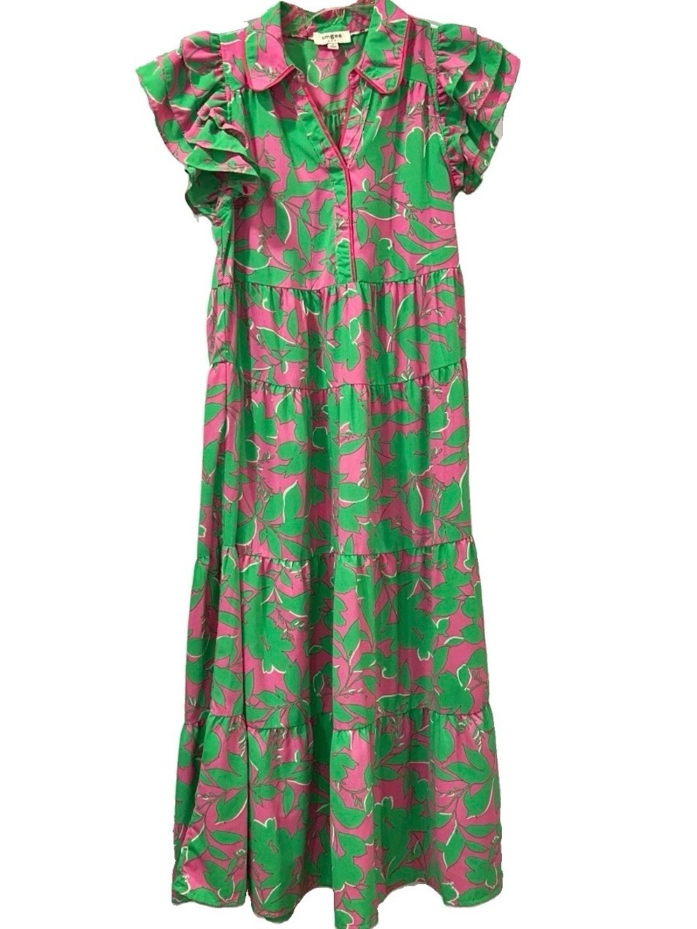 Umgee Green and Pink Floral Tiered Maxi Dress